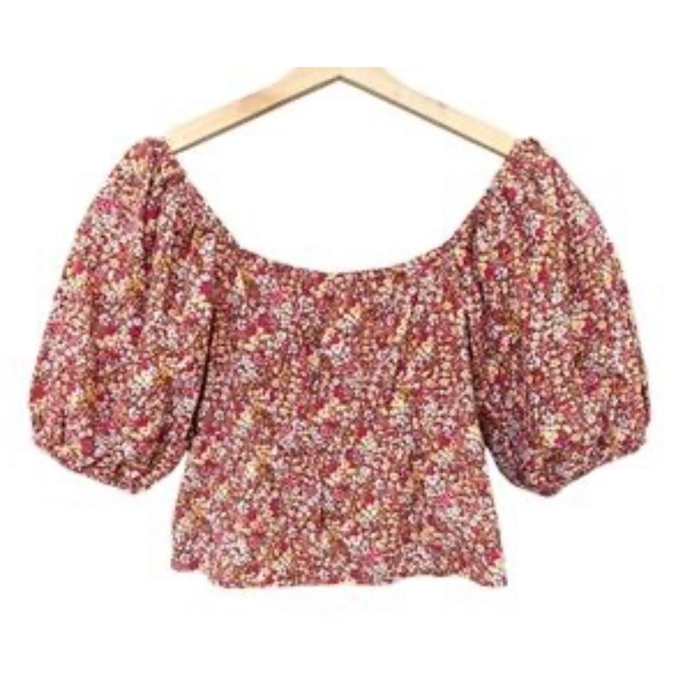 Sim & Sam Cottagecore Red Floral Puff Sleeve Crop Top 100% Cotton Boho Large